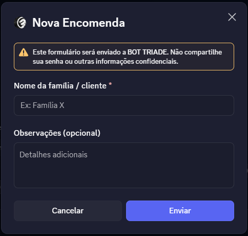 Modal de nova encomenda